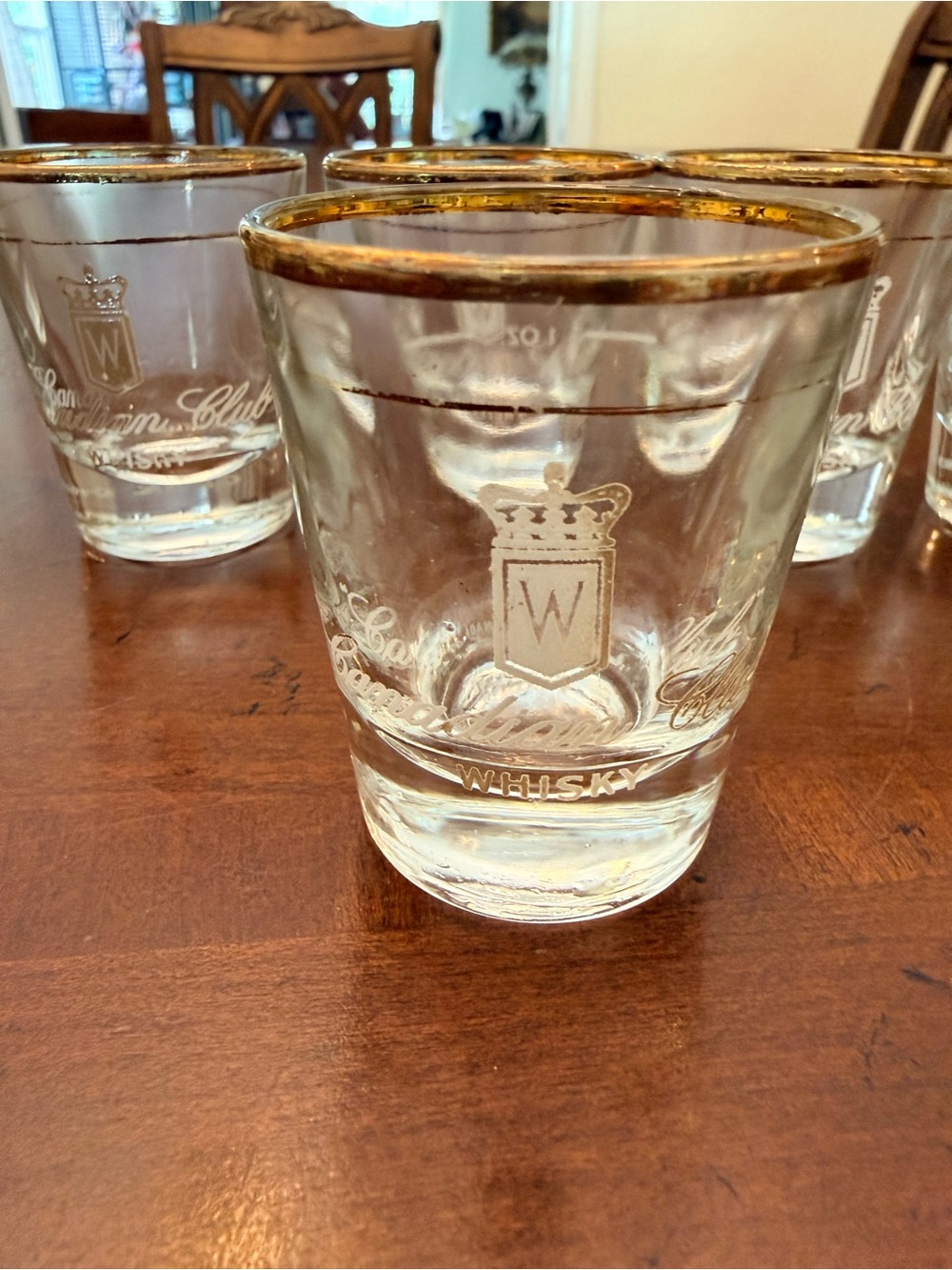 Vintage Canadian Club Whisky Shot Glasses Gold Rim Set of 6